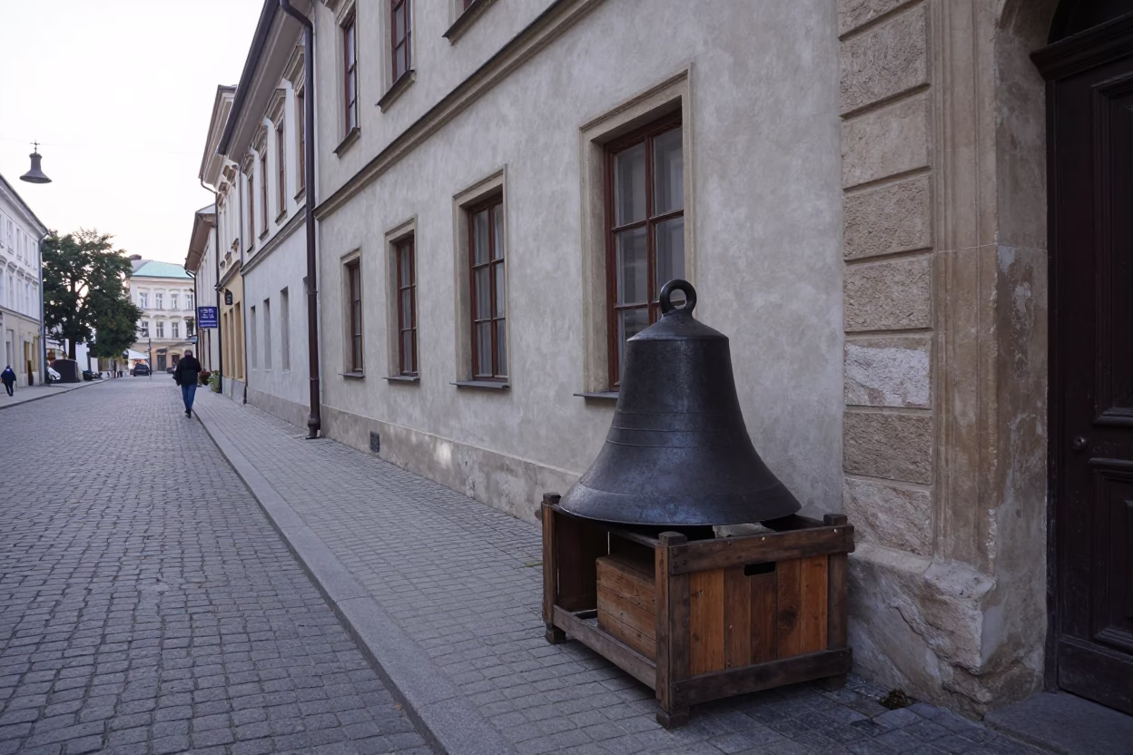 Early Morning Krakow Street Scene with Bellows and Clay Pot in in Krakow, Poland