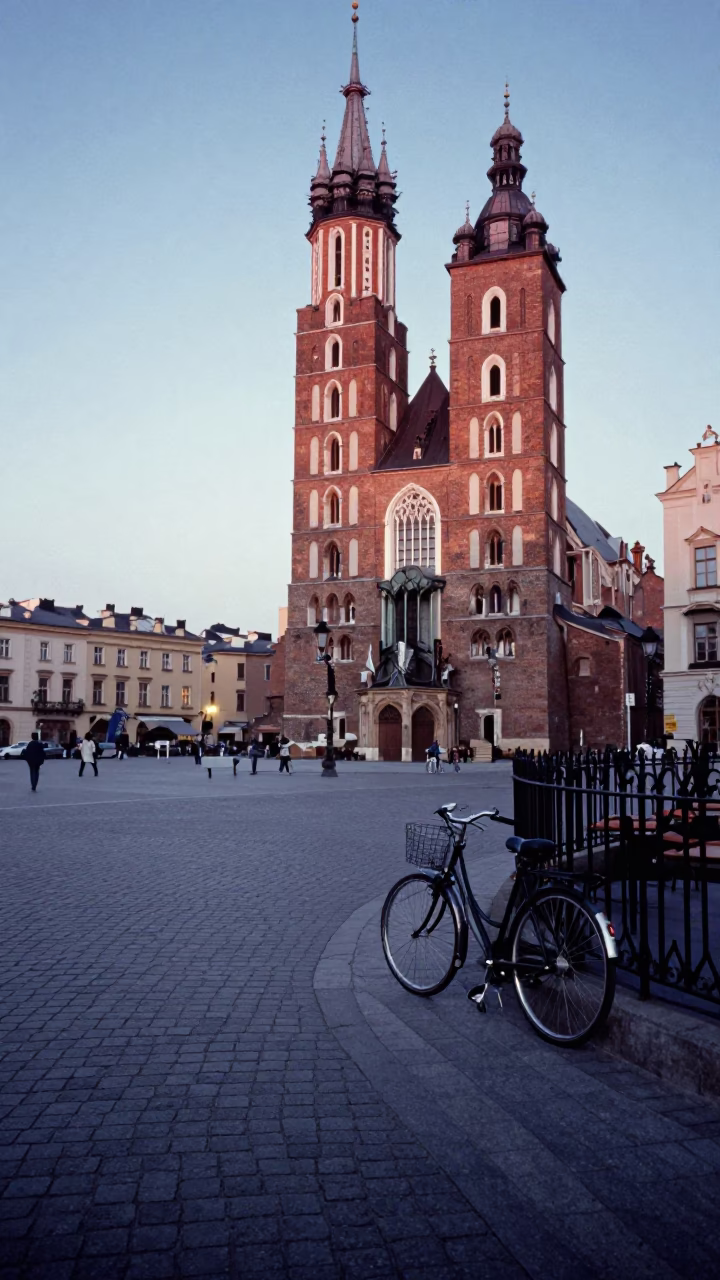Early Morning Krakow Street Scene with Bicycle and Historic Architecture in in Krakow, Poland