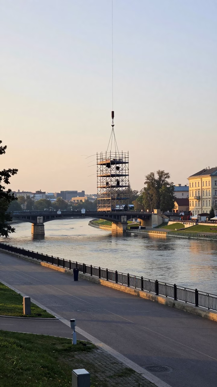 Early Morning Krakow Street Scene with Bridge Maintenance Cage and Local Market Activity in in Krakow, Poland