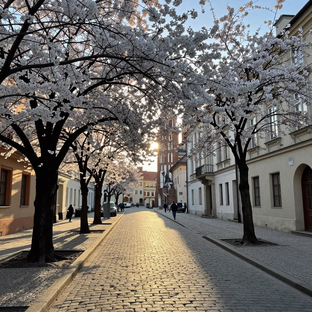 Early Morning Krakow Street Scene with Cherry Blossoms and Vintage Trams in in Krakow, Poland