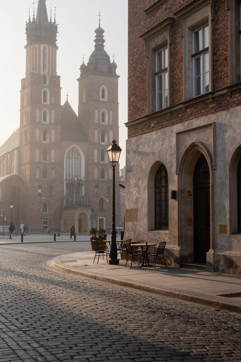 Early morning Krakow street scene with condensation on a cafe table in in Krakow, Poland