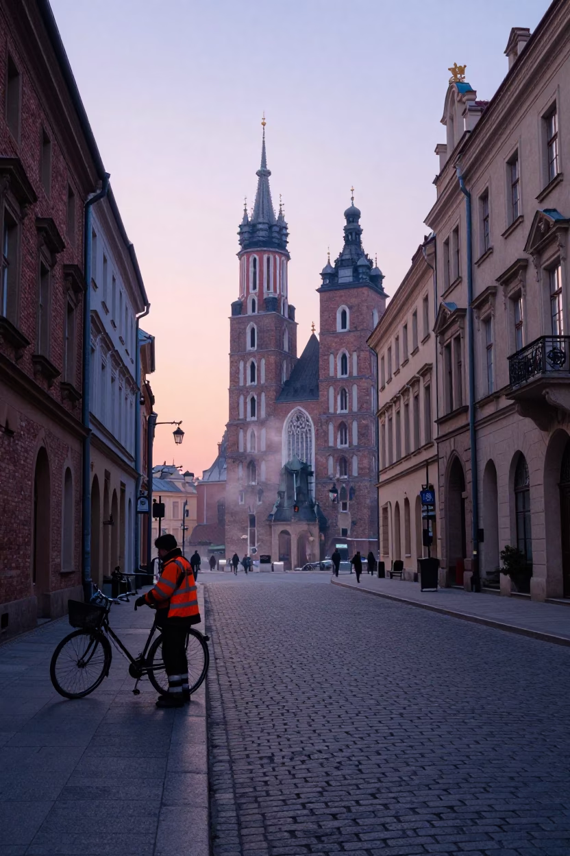 Early Morning Krakow Street Scene with Steam and Urban Details Before Dawn in in Krakow, Poland