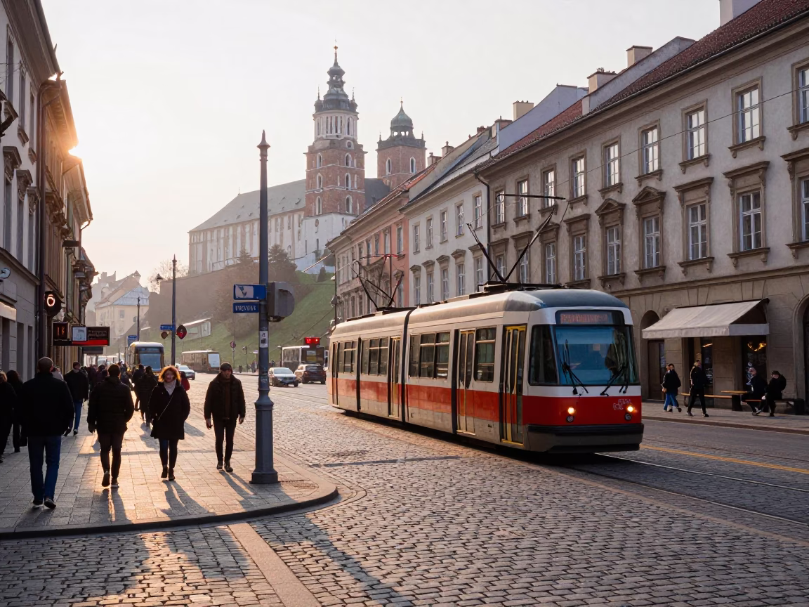 Early Morning Krakow Street Scene with Vintage 1980s Funicular and Urban Life in in Krakow, Poland