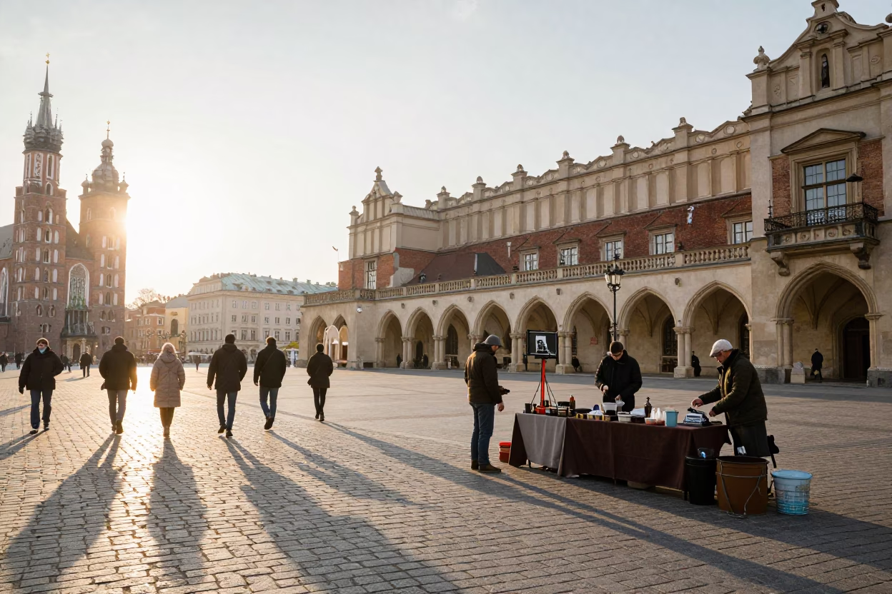 Early Morning Krakow Street Scene with Vintage Camera and Cobblestone Architecture in in Krakow, Poland