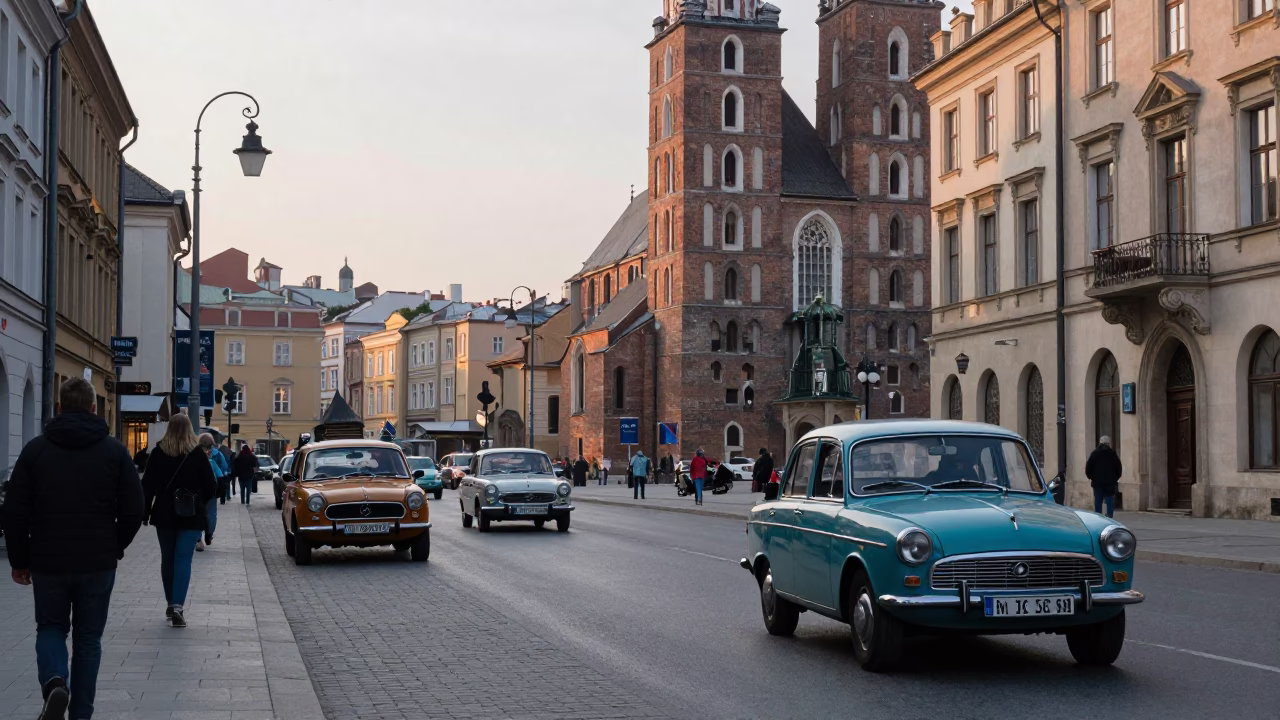 Early Morning Krakow Street Scene with Vintage Cars and Local Morning Routine in in Krakow, Poland