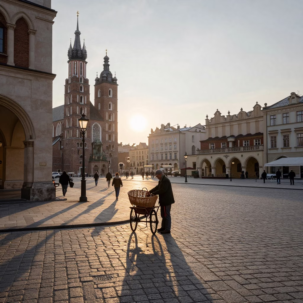 Early Morning Krakow Street Scene with Vintage Details and Local Life in in Krakow, Poland
