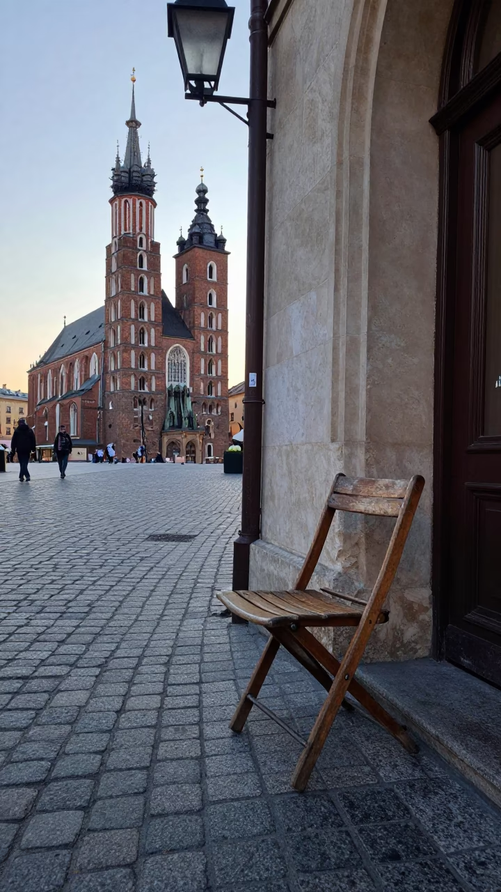 Early Morning Krakow Street Scene with Vintage Folding Chair and Geraniums in in Krakow, Poland