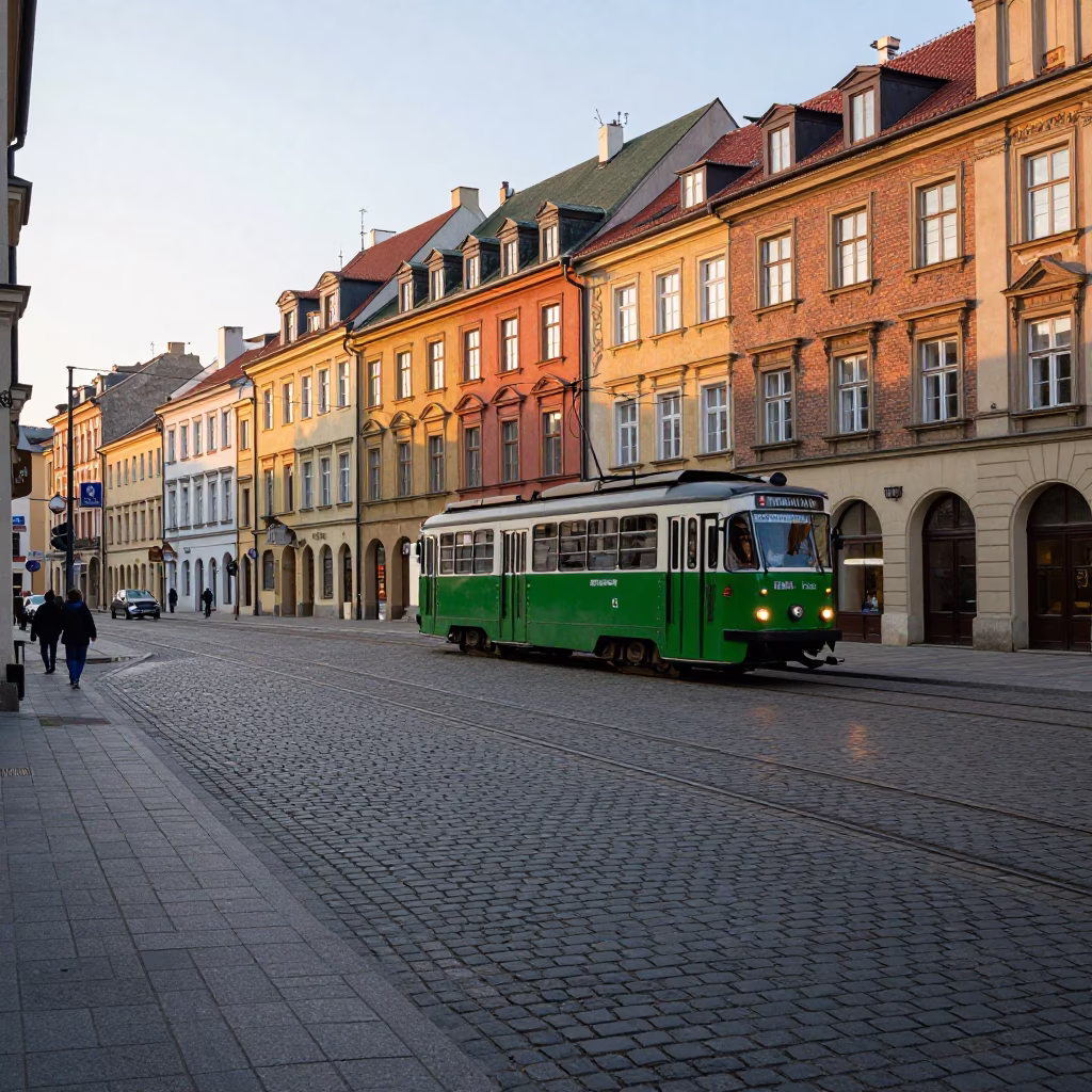Early Morning Krakow Street Scene with Vintage Tram and Cobblestone Plaza in in Krakow, Poland
