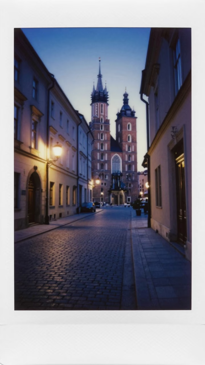 Early Morning Krakow Street Scene with Window Light and Urban Details Before Dawn in in Krakow, Poland
