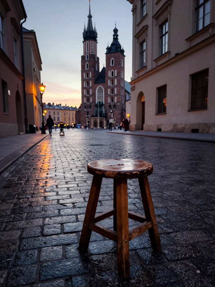 Early Morning Krakow Street Scene with Wooden Stool and Soap Case in in Krakow, Poland