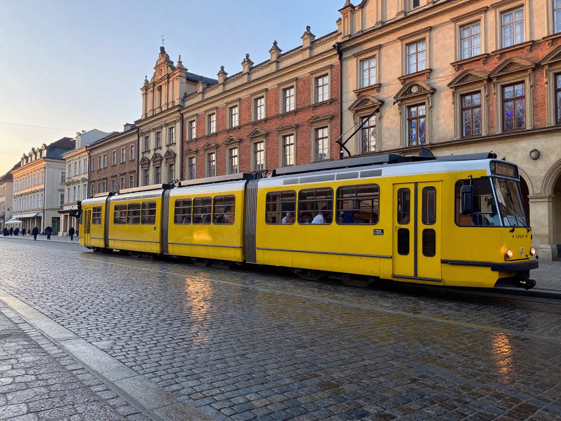 Early Morning Krakow Street Scene with Yellow Tram and Historic Architecture in in Krakow, Poland