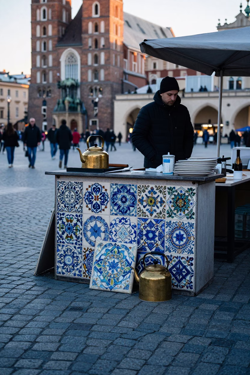 Early Morning Krakow Street Vendor Mosaic Tiles and Kitchen Tools in in Krakow, Poland