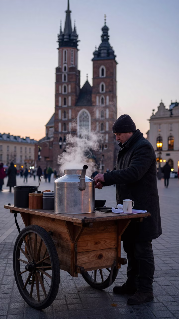 Early Morning Krakow Street Vendor Preparing Tea Before Dawn in in Krakow, Poland