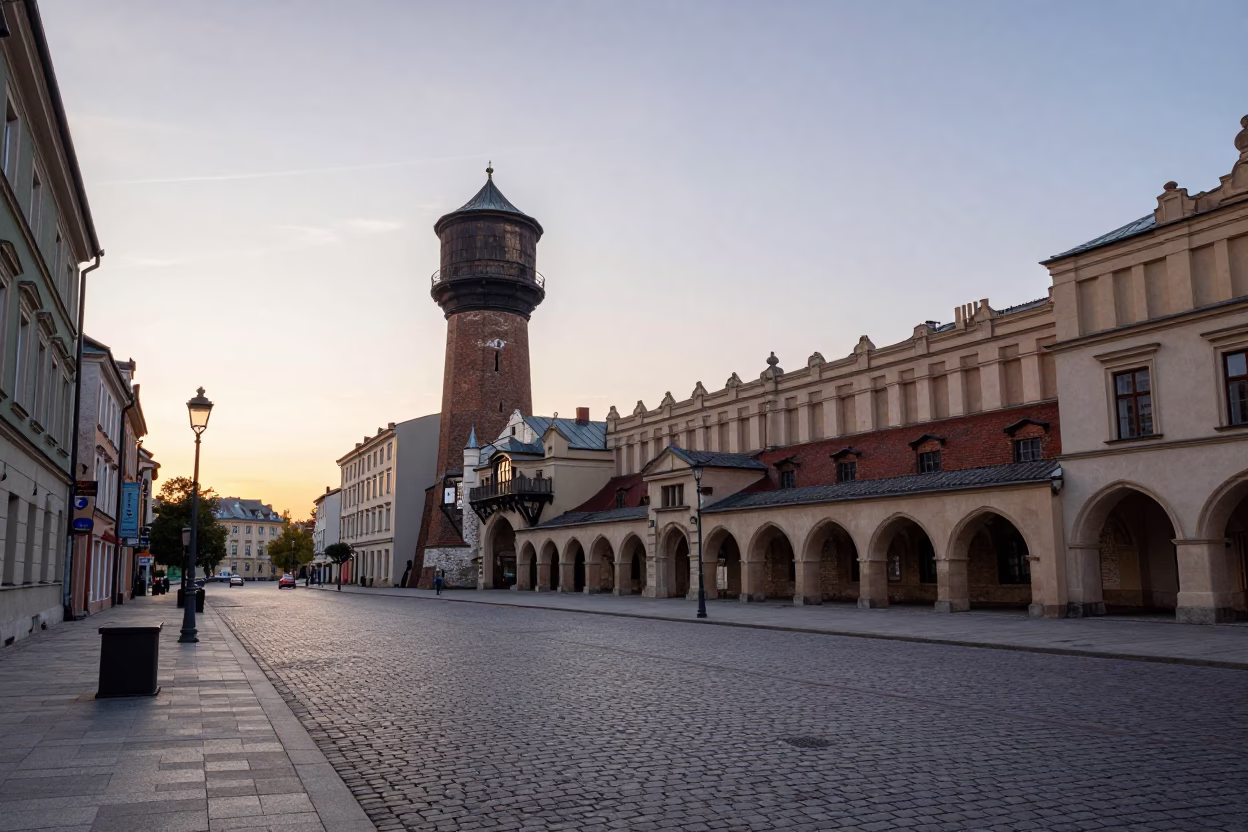 Early Morning Krakow Streetscape with Water Tower and Dawn Light in in Krakow, Poland