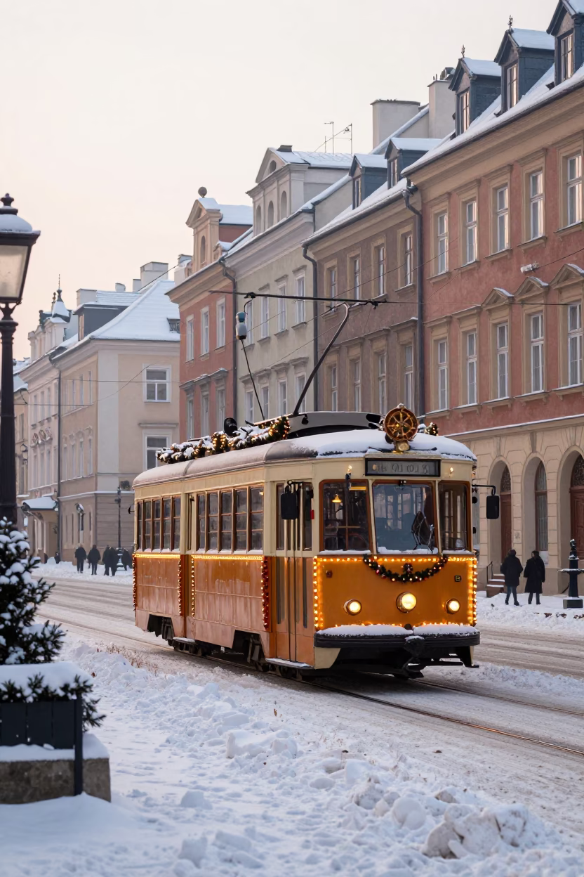 Early Morning Krakow Tram Decorated for Christmas on Snowy Avenue in in Krakow, Poland