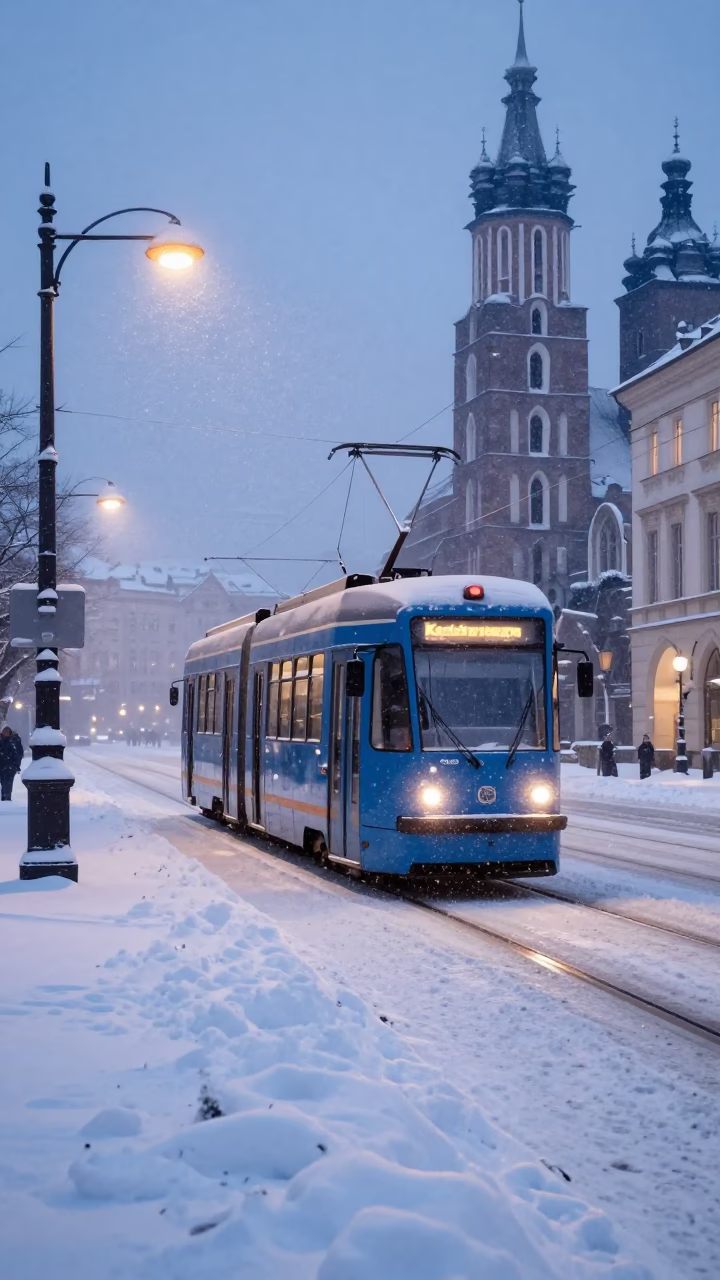 Early Morning Krakow Tram Winter Atmosphere Snowy Avenue in in Krakow, Poland