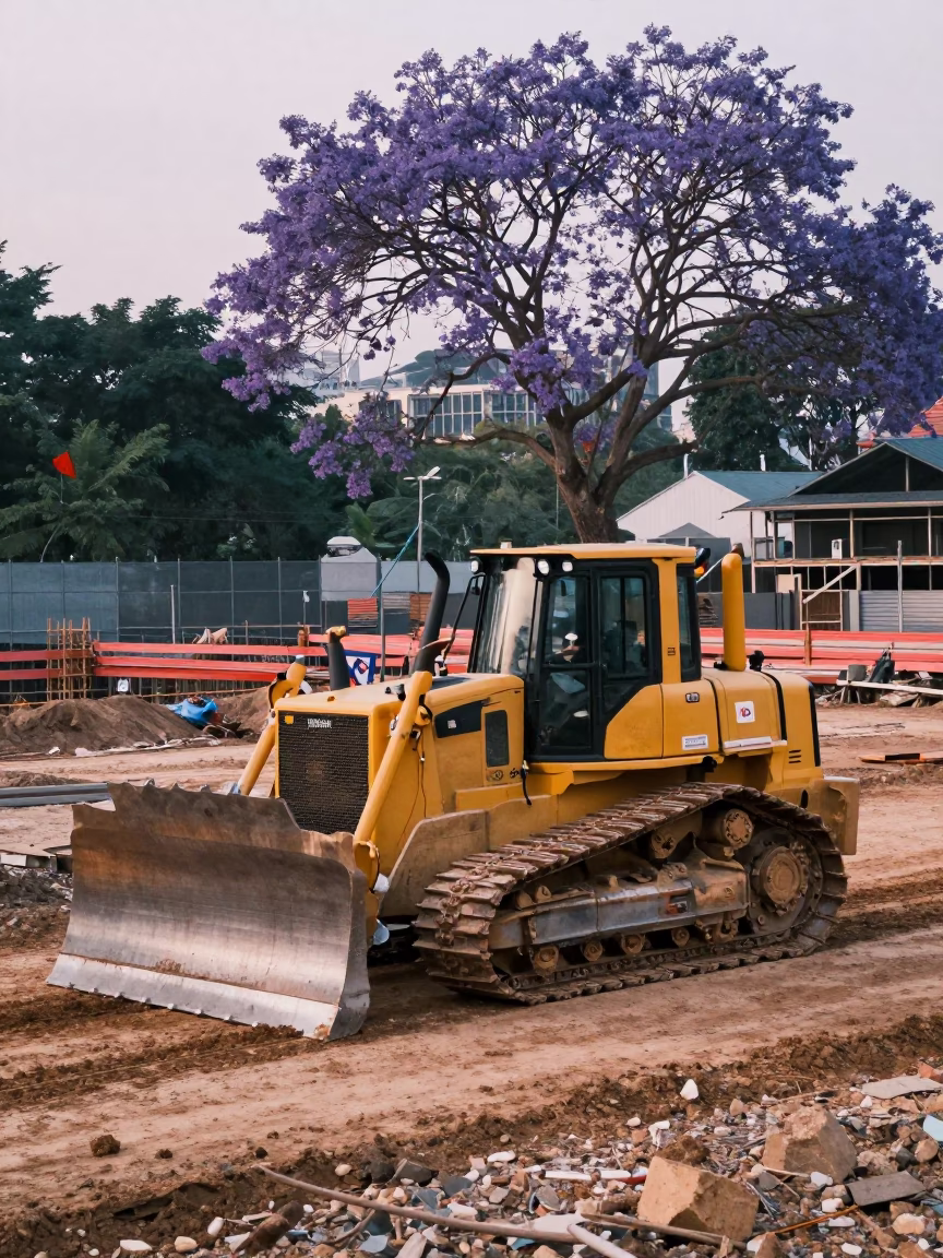 Early Morning Kuala Lumpur Construction Site with Bulldozer and Jacaranda Tree in in Kuala Lumpur, Malaysia