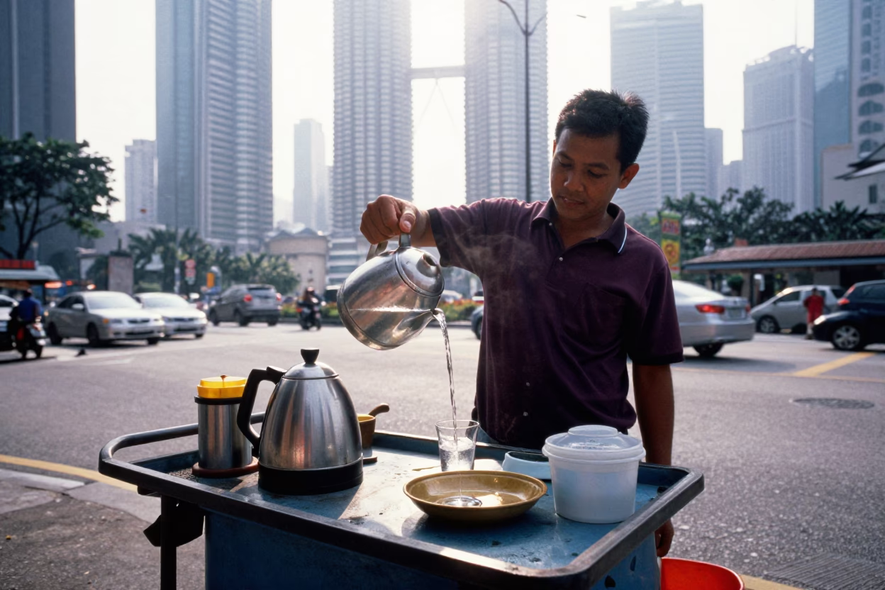 Early Morning Kuala Lumpur Street Scene with Electric Kettle and Portuguese Podengo Pequeno in in Kuala Lumpur, Malaysia