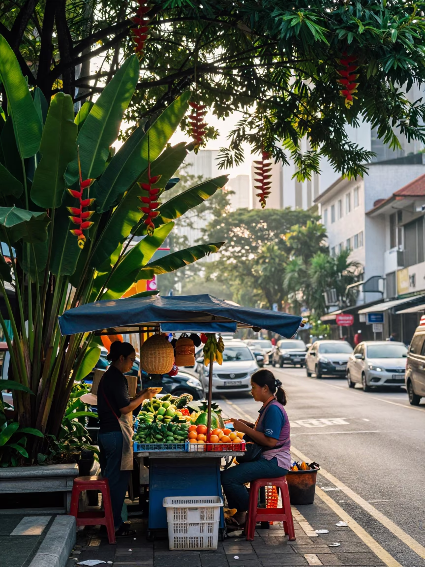 Early Morning Kuala Lumpur Street Scene with Heliconia and Local Market Activity in in Kuala Lumpur, Malaysia