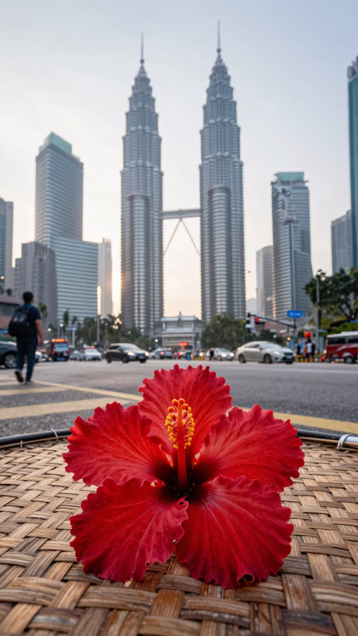 Early Morning Kuala Lumpur Street Scene with Hibiscus Flower and Bougainvillea in in Kuala Lumpur, Malaysia