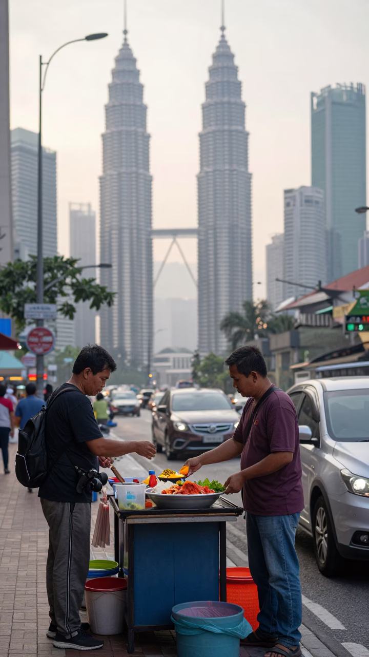 Early Morning Kuala Lumpur Street Scene with Local Vendor and Traditional Elements in in Kuala Lumpur, Malaysia
