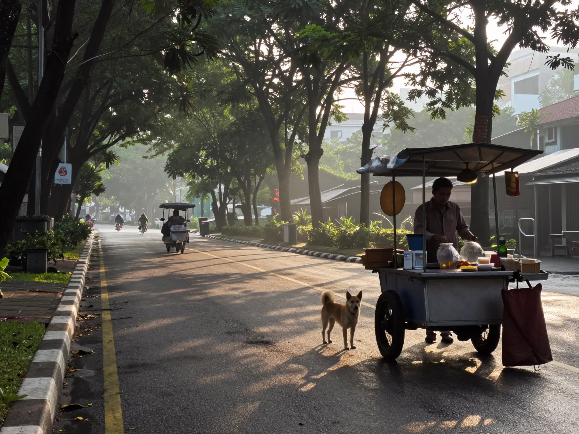 Early Morning Kuala Lumpur Street Scene with Mudi Dog and Carrot Vendor in in Kuala Lumpur, Malaysia