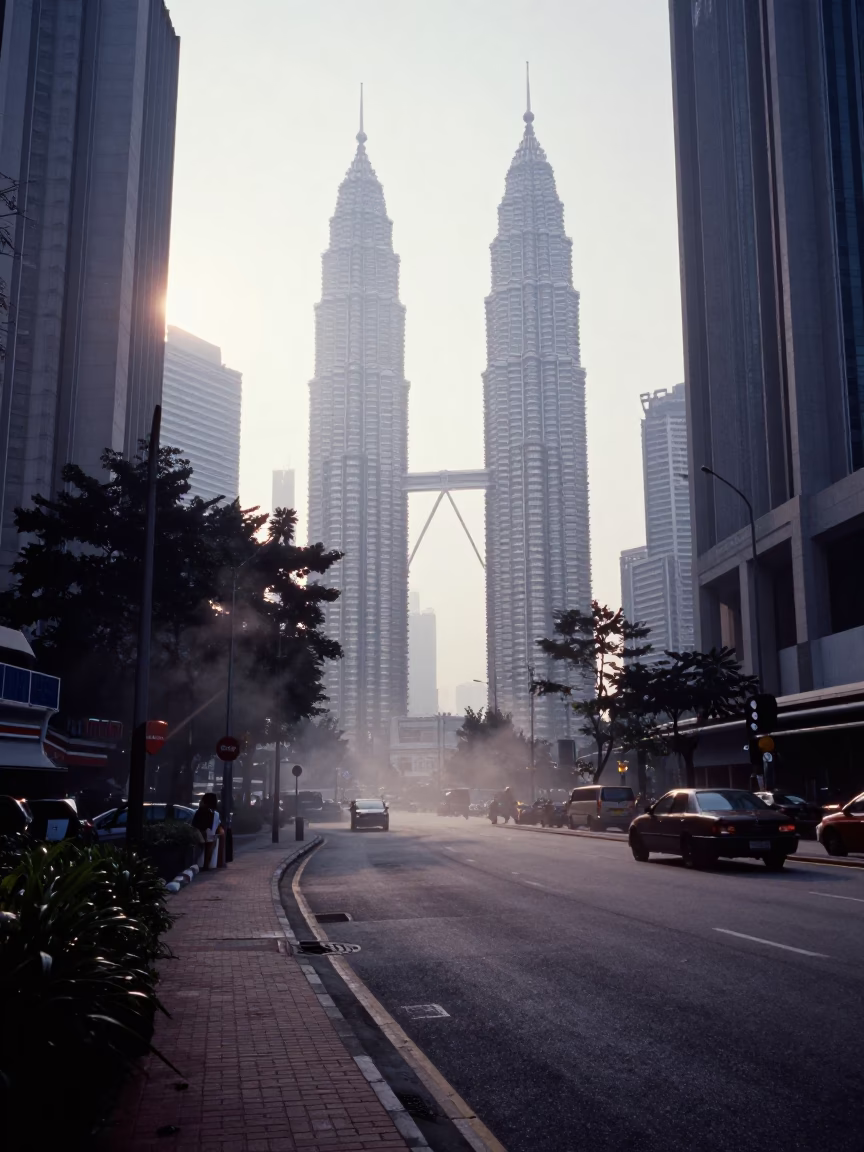 Early Morning Kuala Lumpur Street Scene with Steam Haze and Urban Scaffolding Workers in in Kuala Lumpur, Malaysia