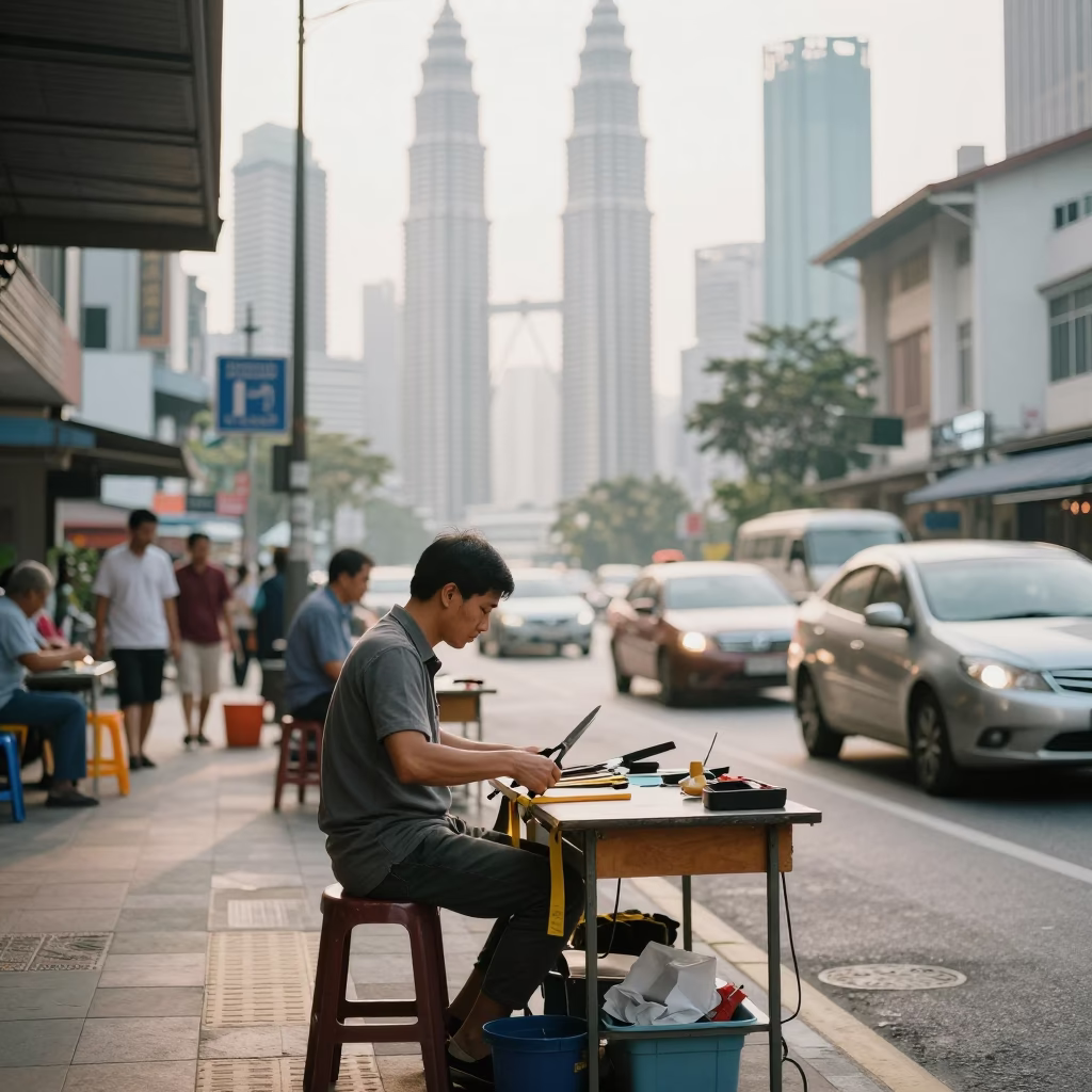 Early Morning Kuala Lumpur Street Scene with Tailor Shears and Sewing Tools in in Kuala Lumpur, Malaysia