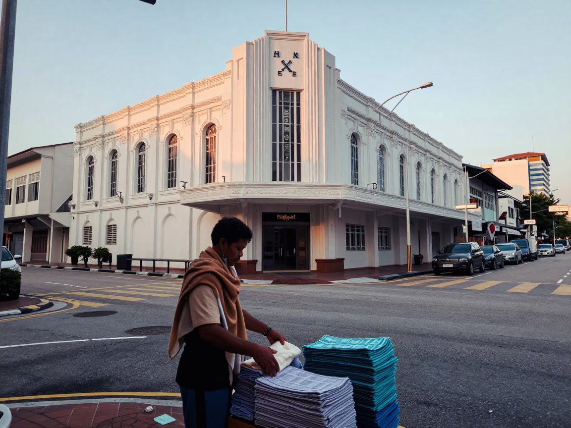 Early Morning Kuala Lumpur Street Scene with Traditional Shawl and Urban Architecture in in Kuala Lumpur, Malaysia