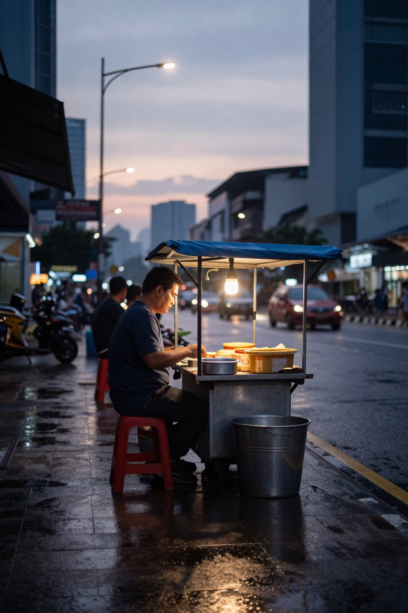Early Morning Kuala Lumpur Street Vendor with Brushed Steel Bucket and Ferns Before Sunrise in in Kuala Lumpur, Malaysia