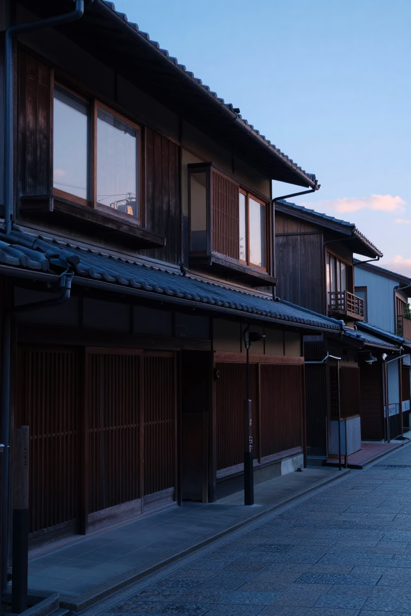 Early Morning Kyoto Street Scene Before Sunrise with Traditional Architecture and Quiet Atmosphere in in Kyoto, Japan