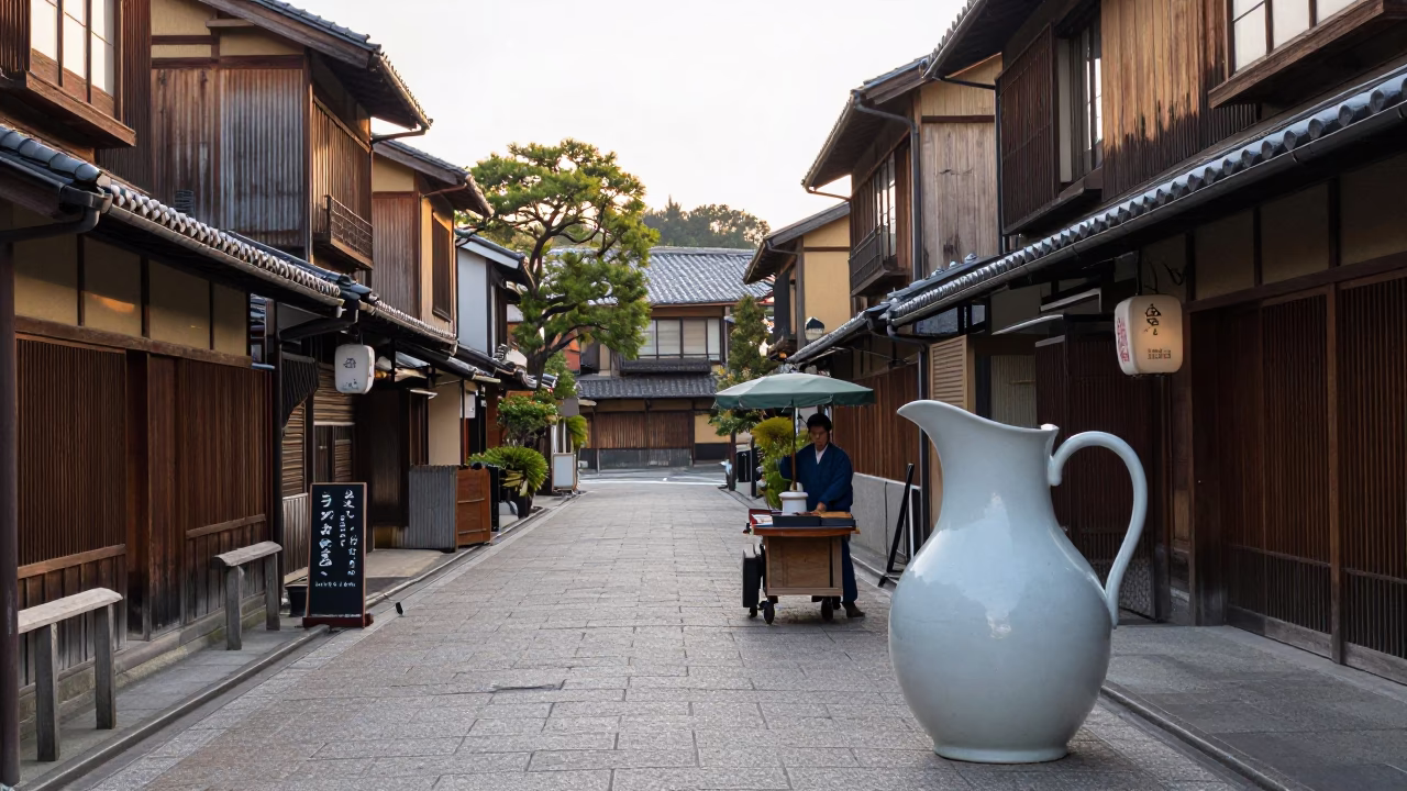 Early Morning Kyoto Street Scene with Ceramic Pitcher and Traditional Architecture in in Kyoto, Japan