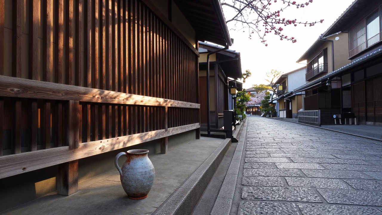 Early Morning Kyoto Street Scene with Coffee Cherry Branch and Rustic Pitcher in in Kyoto, Japan