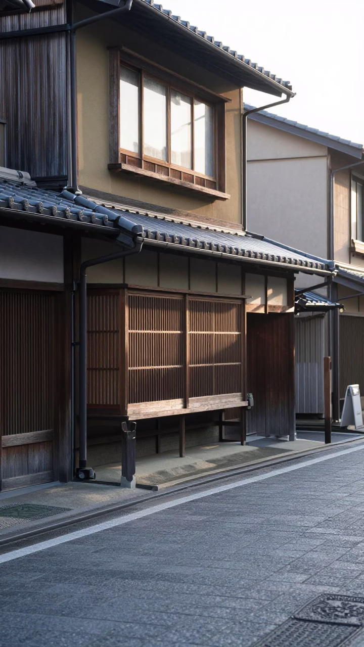 Early Morning Kyoto Street Scene with Condensation on Glass and Traditional Architecture in in Kyoto, Japan