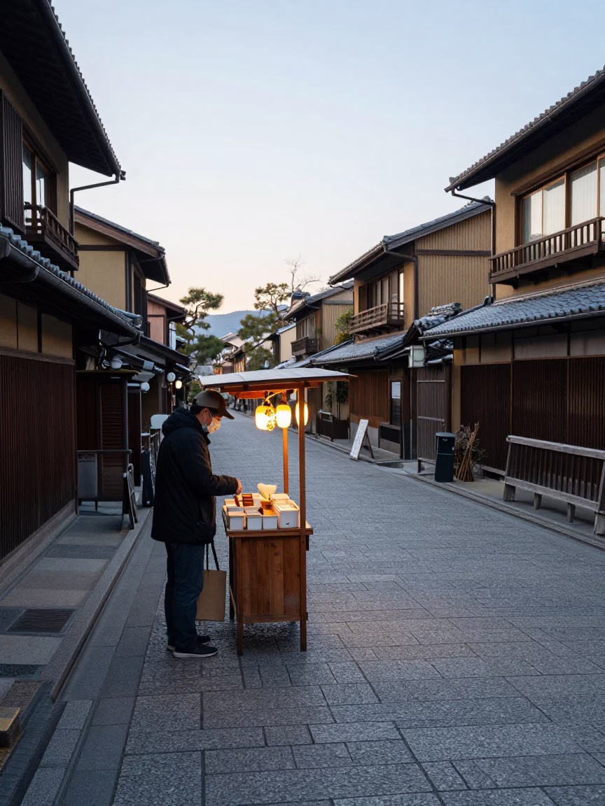Early Morning Kyoto Street Scene with Dango Vendor and Traditional Architecture in in Kyoto, Japan