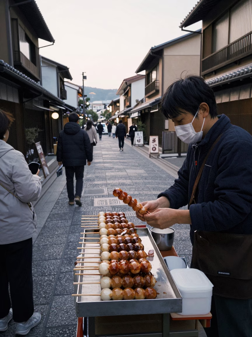 Early Morning Kyoto Street Scene with Dango Vendor and Traditional Wooden Architecture in in Kyoto, Japan