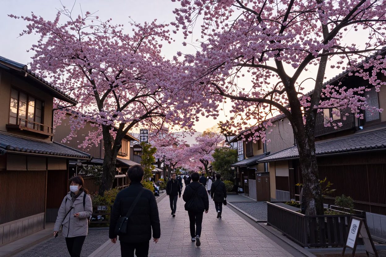 Early Morning Kyoto Street Scene with Dogwood Tree and Local Pedestrians at Dawn in in Kyoto, Japan