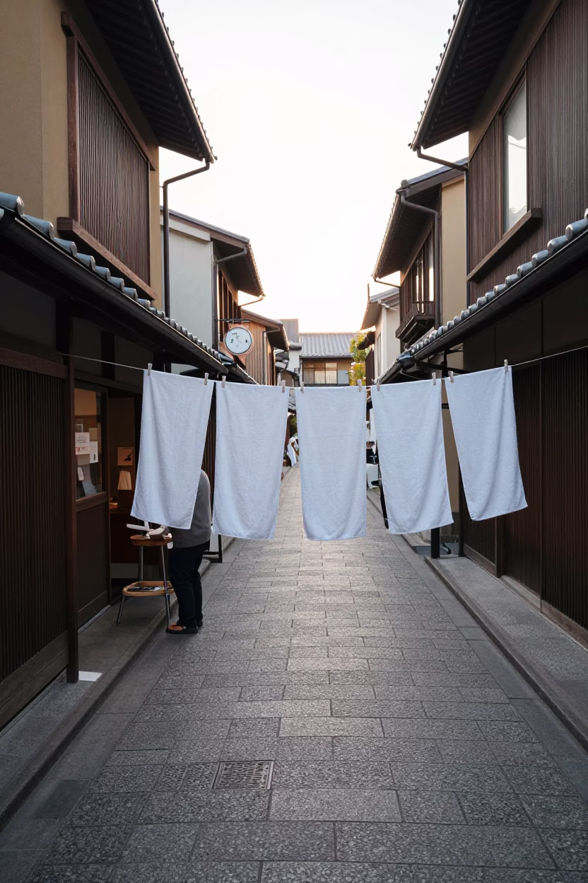 Early Morning Kyoto Street Scene with Drying Towels and Tea Stains in in Kyoto, Japan