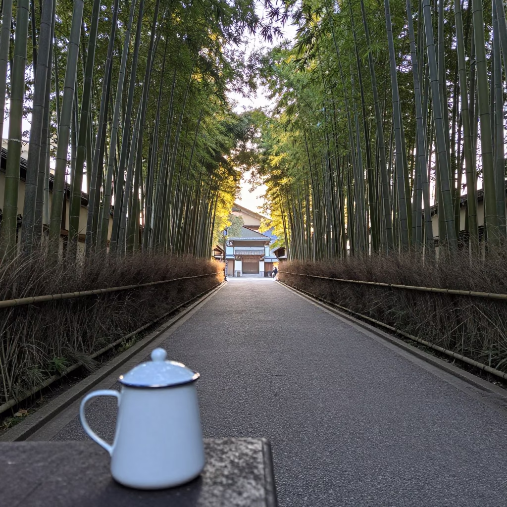 Early Morning Kyoto Street Scene with Enamel Pitcher and Bamboo Forest Background in in Kyoto, Japan
