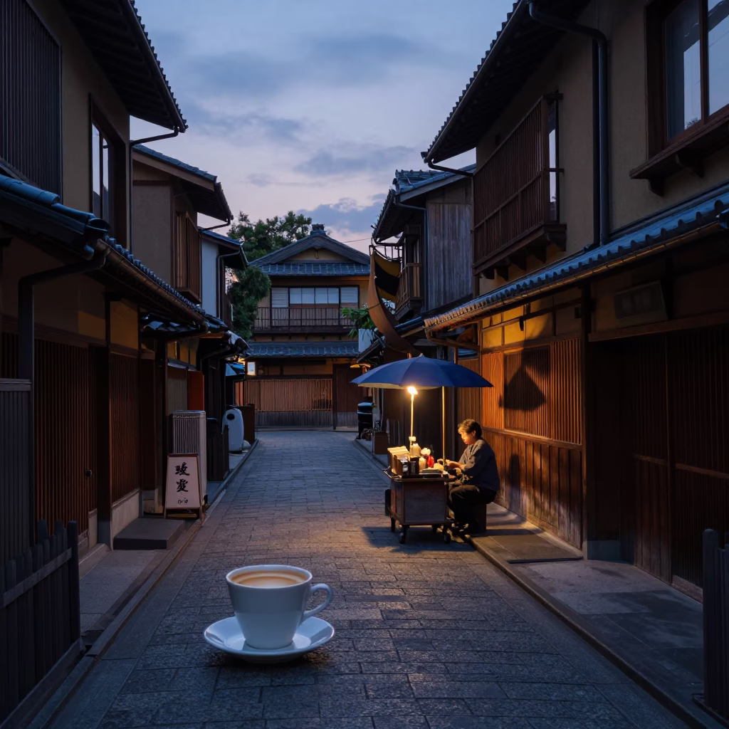 Early Morning Kyoto Street Scene with Espresso Cup and Candlestick in in Kyoto, Japan