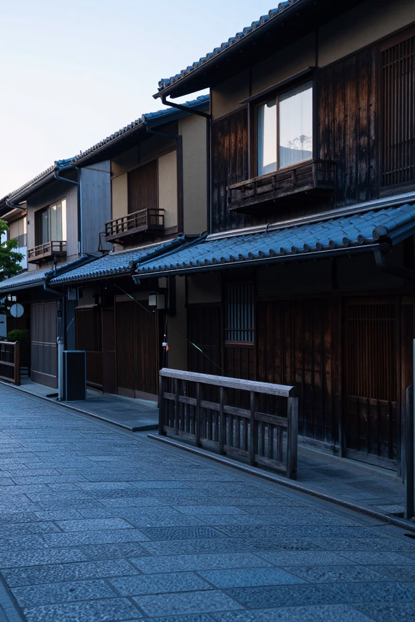 Early Morning Kyoto Street Scene with Fishing Floats and Traditional Architecture Before Sunrise in in Kyoto, Japan