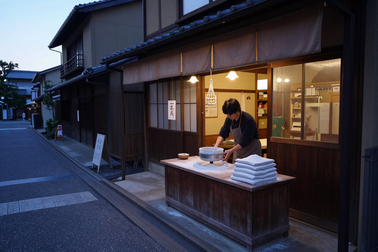 Early Morning Kyoto Street Scene with Flour Sifter and Water Rings on Window Glass in in Kyoto, Japan