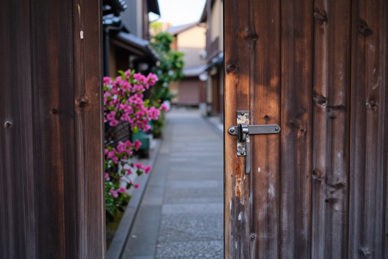 Early Morning Kyoto Street Scene with Flowering Plant and Traditional Door Latch in in Kyoto, Japan