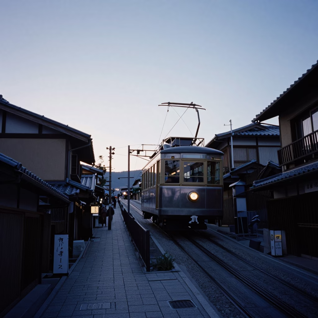 Early Morning Kyoto Street Scene with Funicular and Traditional Architecture in in Kyoto, Japan