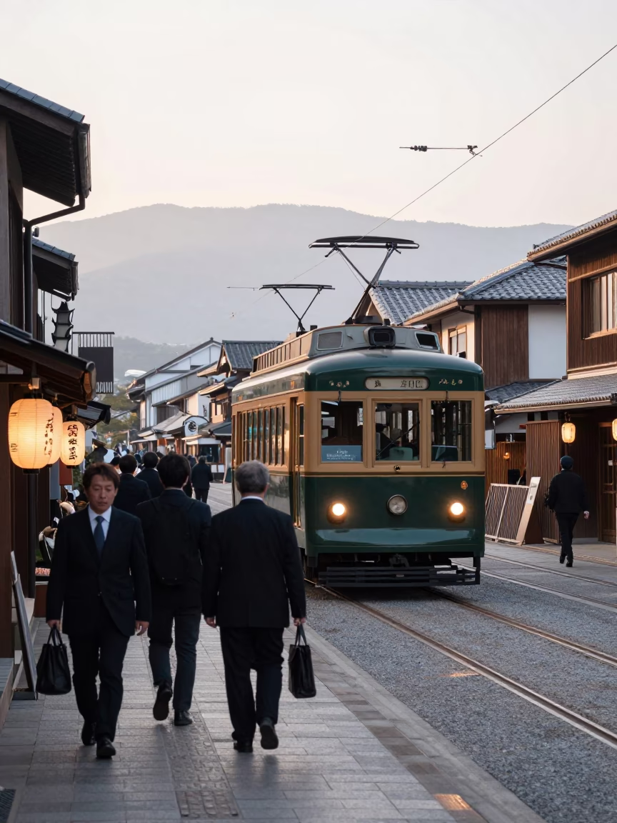 Early Morning Kyoto Street Scene with Heritage Tram on Cobblestones and Local Commuters in in Kyoto, Japan