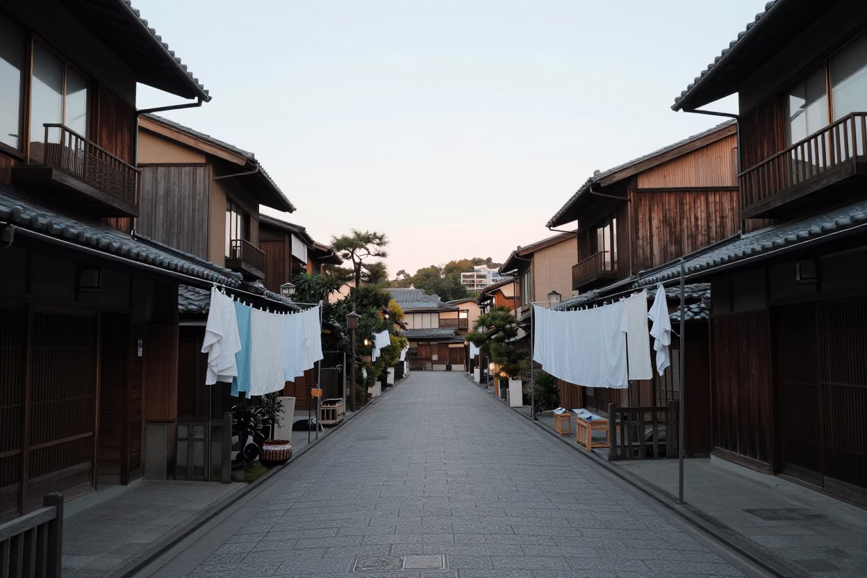 Early Morning Kyoto Street Scene with Laundry Lines and Traditional Architecture in in Kyoto, Japan