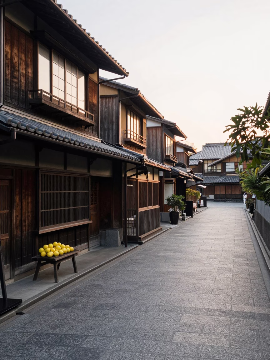 Early Morning Kyoto Street Scene with Lemons and Traditional Wooden Facade in in Kyoto, Japan