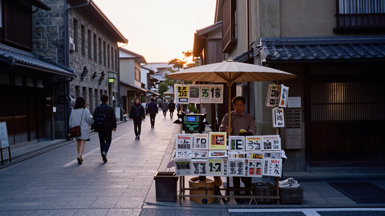 Early Morning Kyoto Street Scene with Newspaper Vendor and Traditional Architecture in in Kyoto, Japan