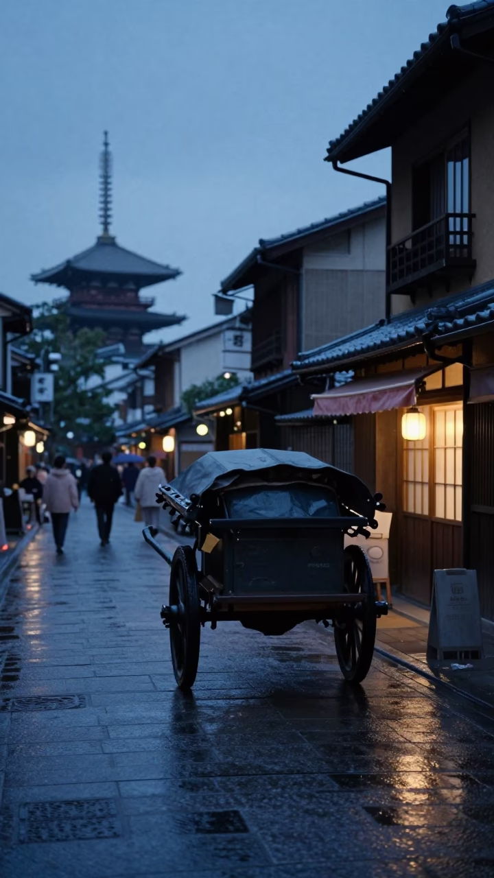 Early Morning Kyoto Street Scene with Rolling Carts and Traditional Shop Facades Before Dawn in in Kyoto, Japan