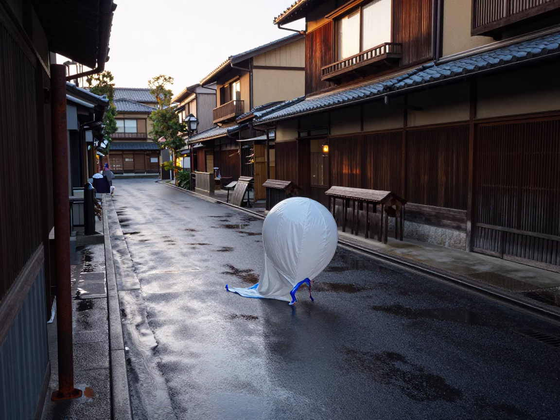 Early Morning Kyoto Street Scene with Rusty Hinge and Wet Asphalt in in Kyoto, Japan